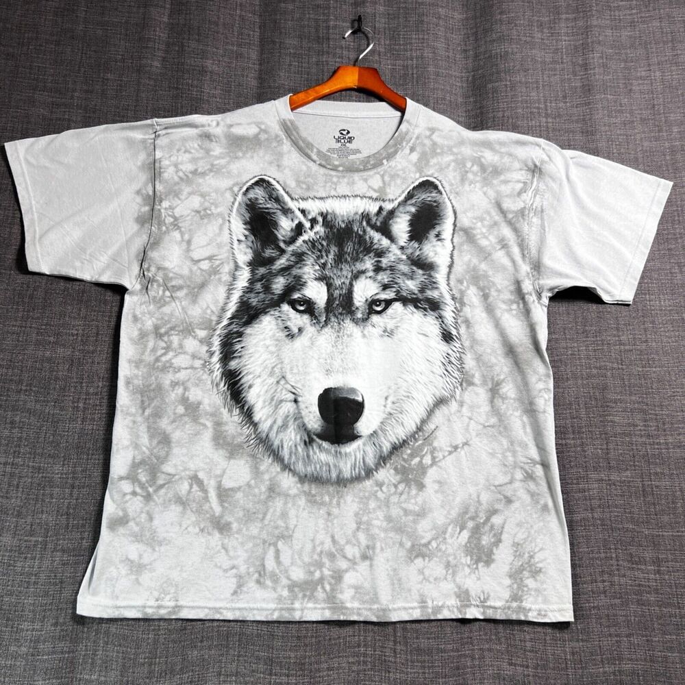 Liquid Blue Gray Wolf Tie Dye Gray T-Shirt Men's Size 2XL Adult XXL Graphic Tee